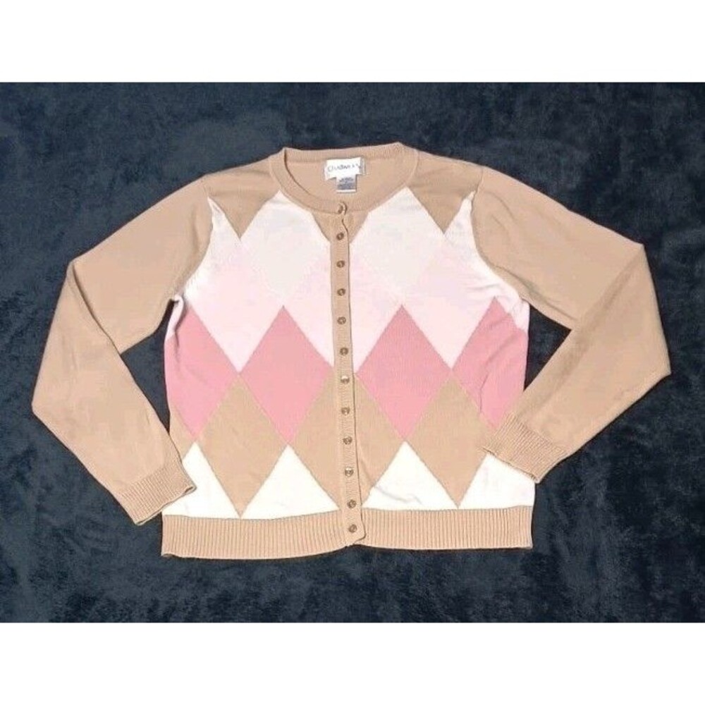 Chadwicks Long Sleeve Argyle Button Up Cardigan Sweater M Pink Tan Preppy Y2K